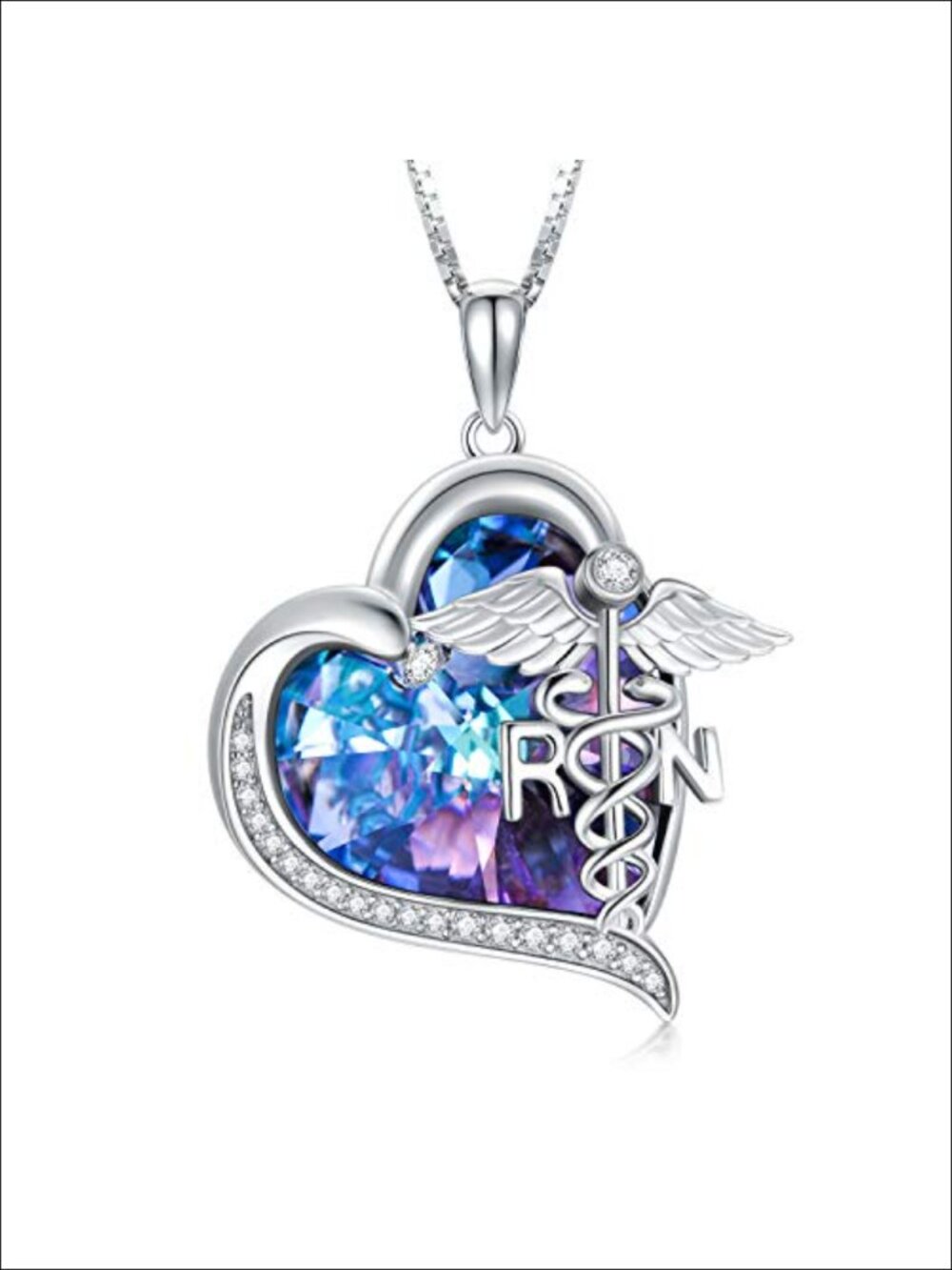 Nurse Gift 925 Sterling Silver Pendant Necklace RN Angel Wing Crystal Heart